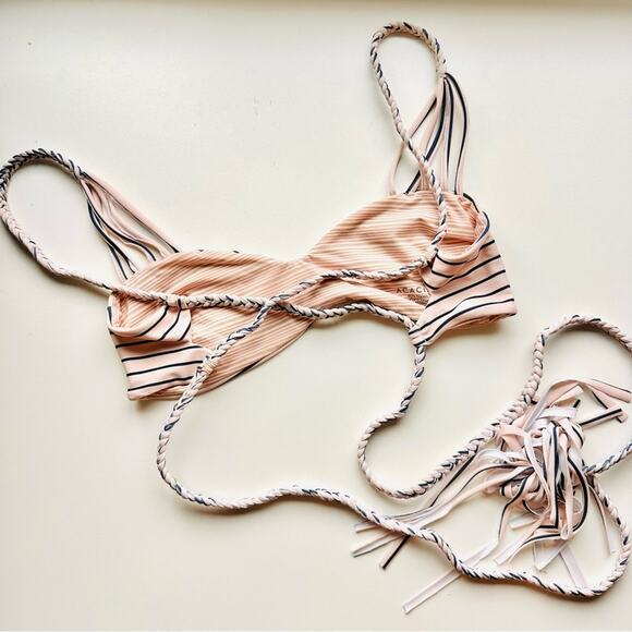 ACACIA SWIMWEAR Baby Pink Navy Blue Samoa Cape Cod Stripe Braid Bikini Top XS - Picture 9 of 10